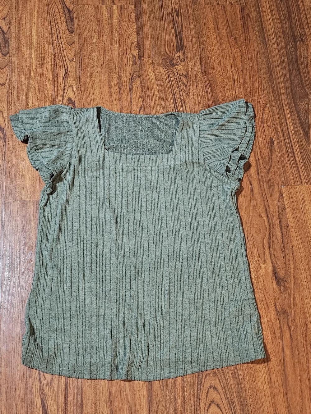 Square Neck Olive Green Flutter Sleeve Top - Picture 3 of 9